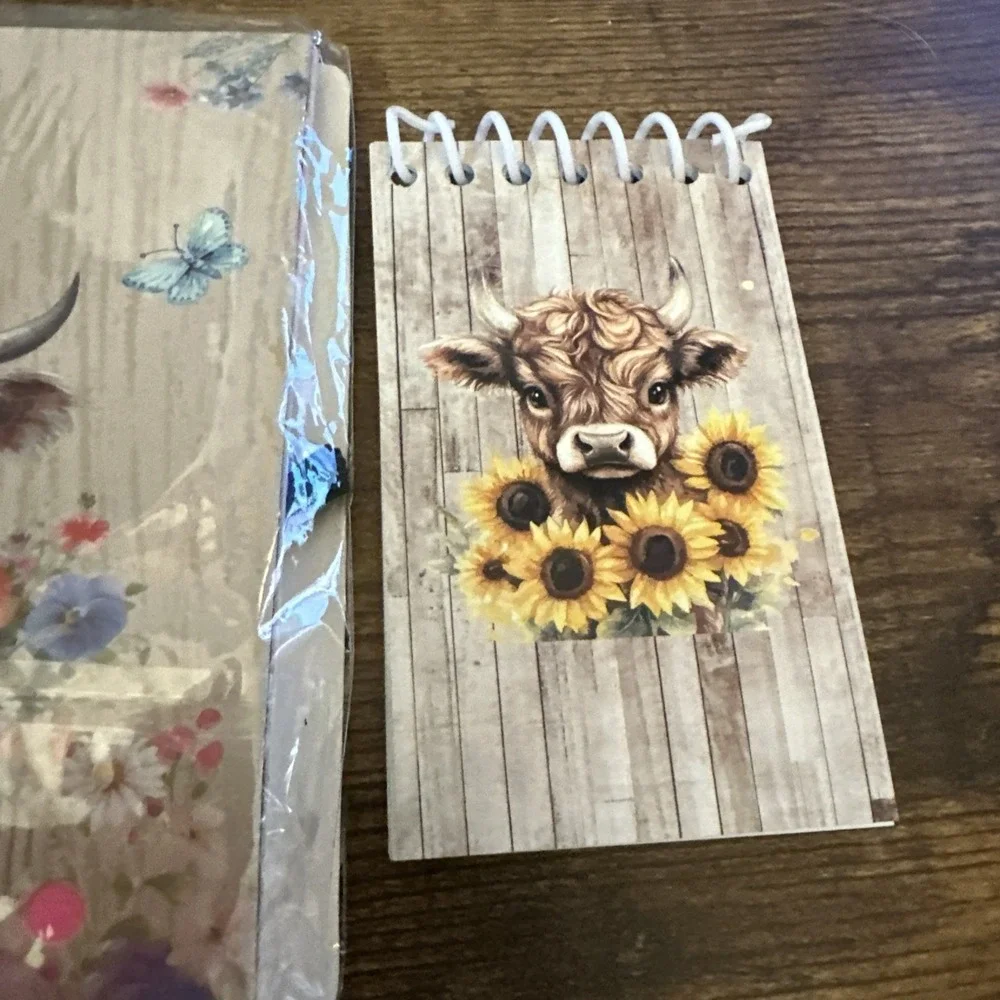 Highland Cow Floral Mini Notebook and Pen 3 piece Set NIB